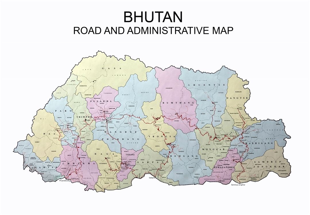 Grande carreteras y administrativo mapa de Bután