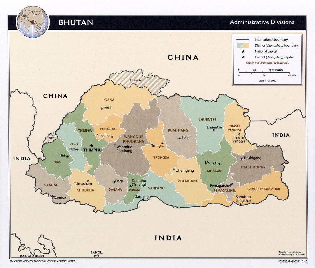 Grande mapa de administrativas divisiones de Bután - 2012