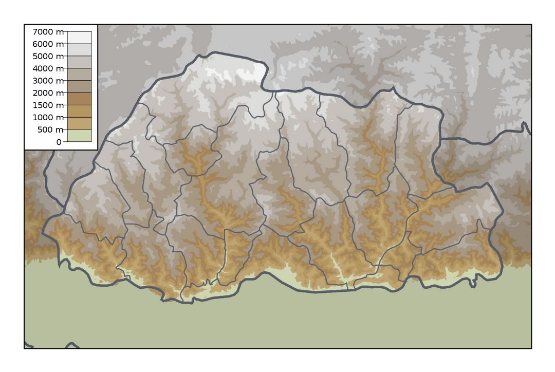 Grande mapa físico de Bután