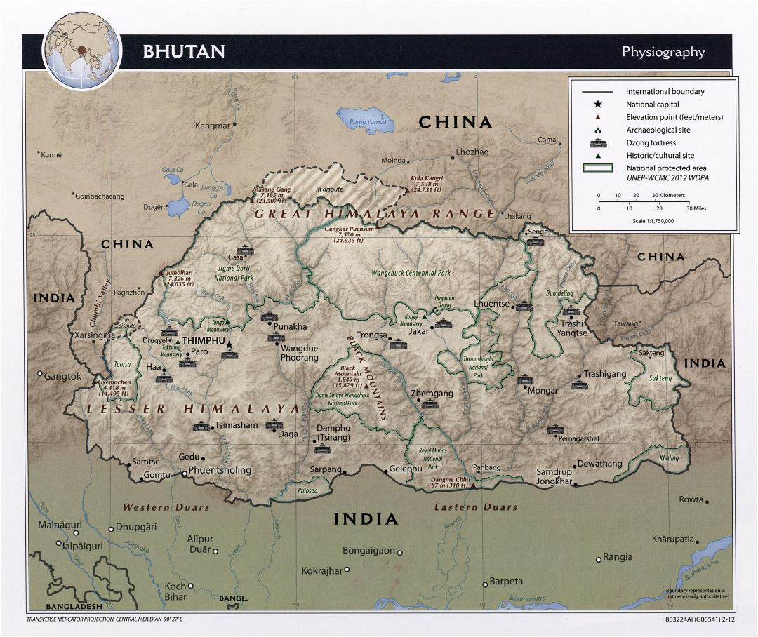 Grande mapa fisiográfico de Bután - 2012