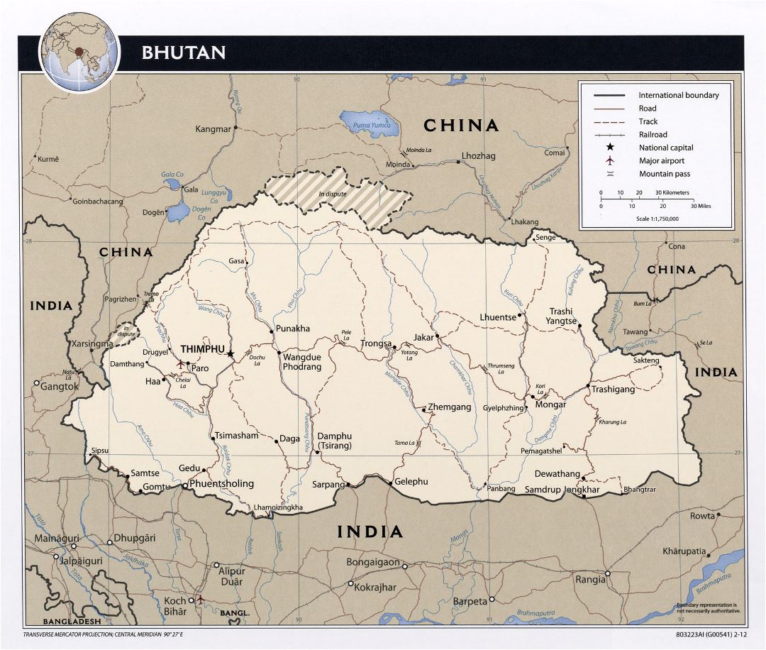 Grande mapa político de Bután con carreteras, ferrocarriles, principales ciudades y aeropuertos - 2012