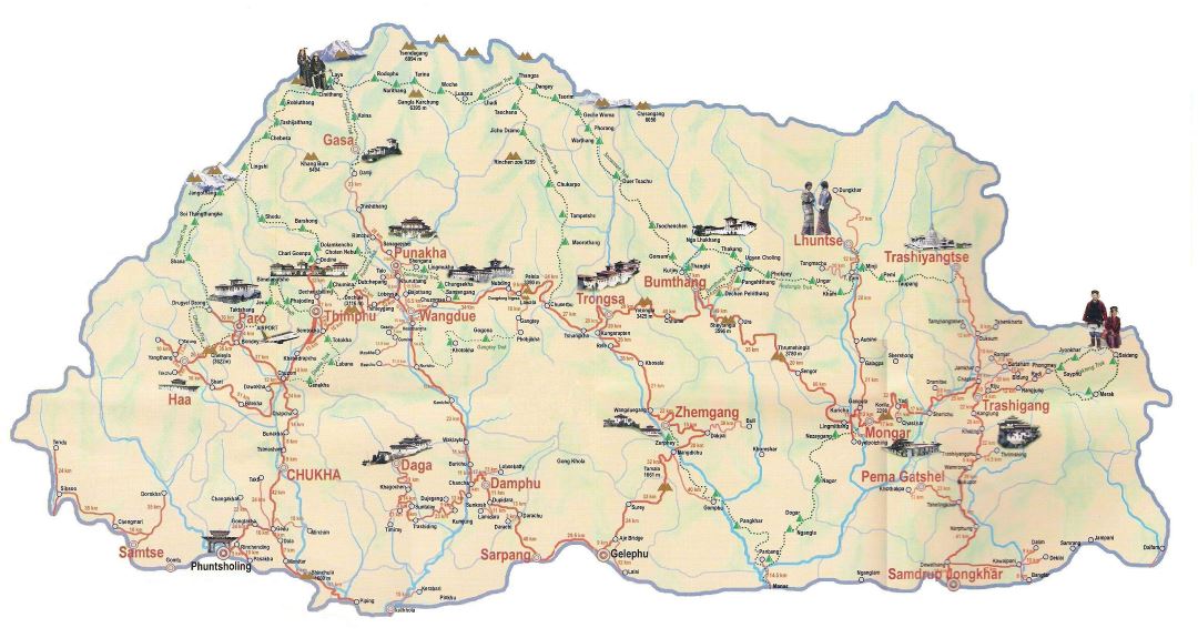 Grande mapa turístico de Bután