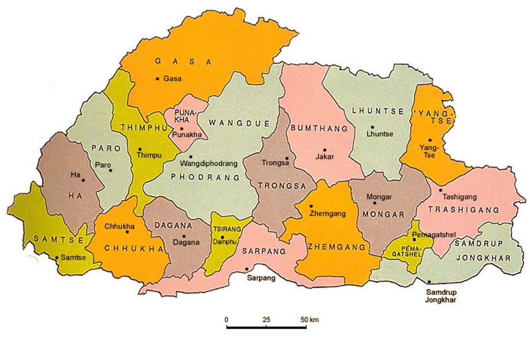 Pequeño mapa administrativo a color de Bután