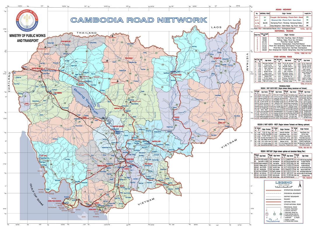 A gran escala mapa de red de carreteras de Camboya