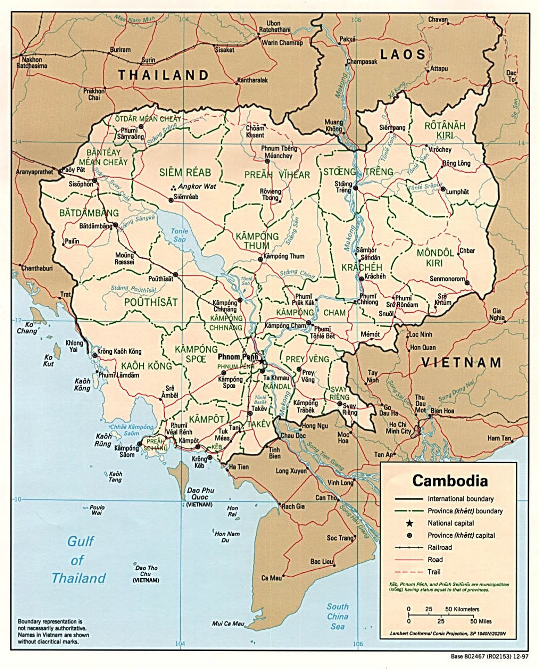 Detallado mapa político y administrativo de Camboya con carreteras, ferrocarriles y principales ciudades - 1997