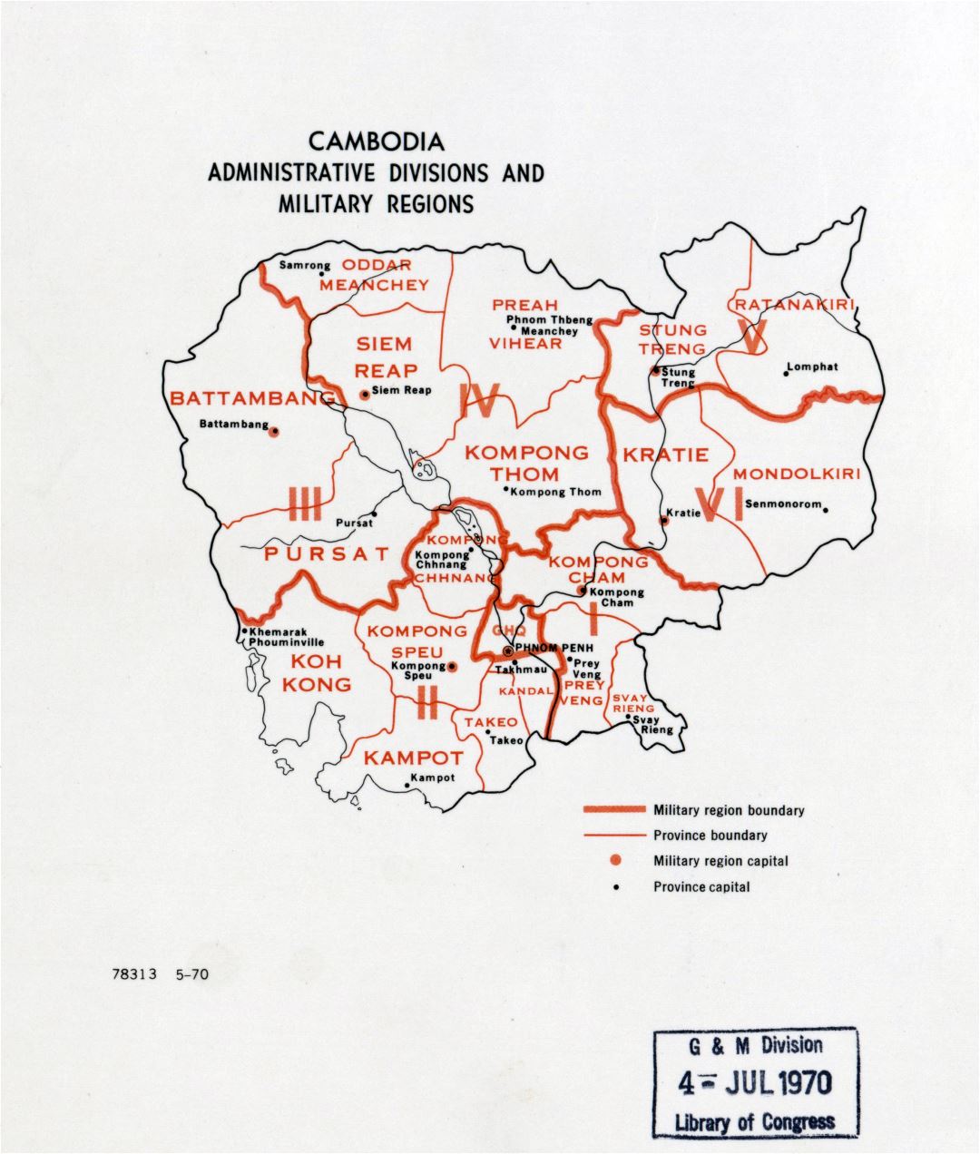 Grande detallado administrativas divisiones y regiones militares mapa de Camboya - 1970