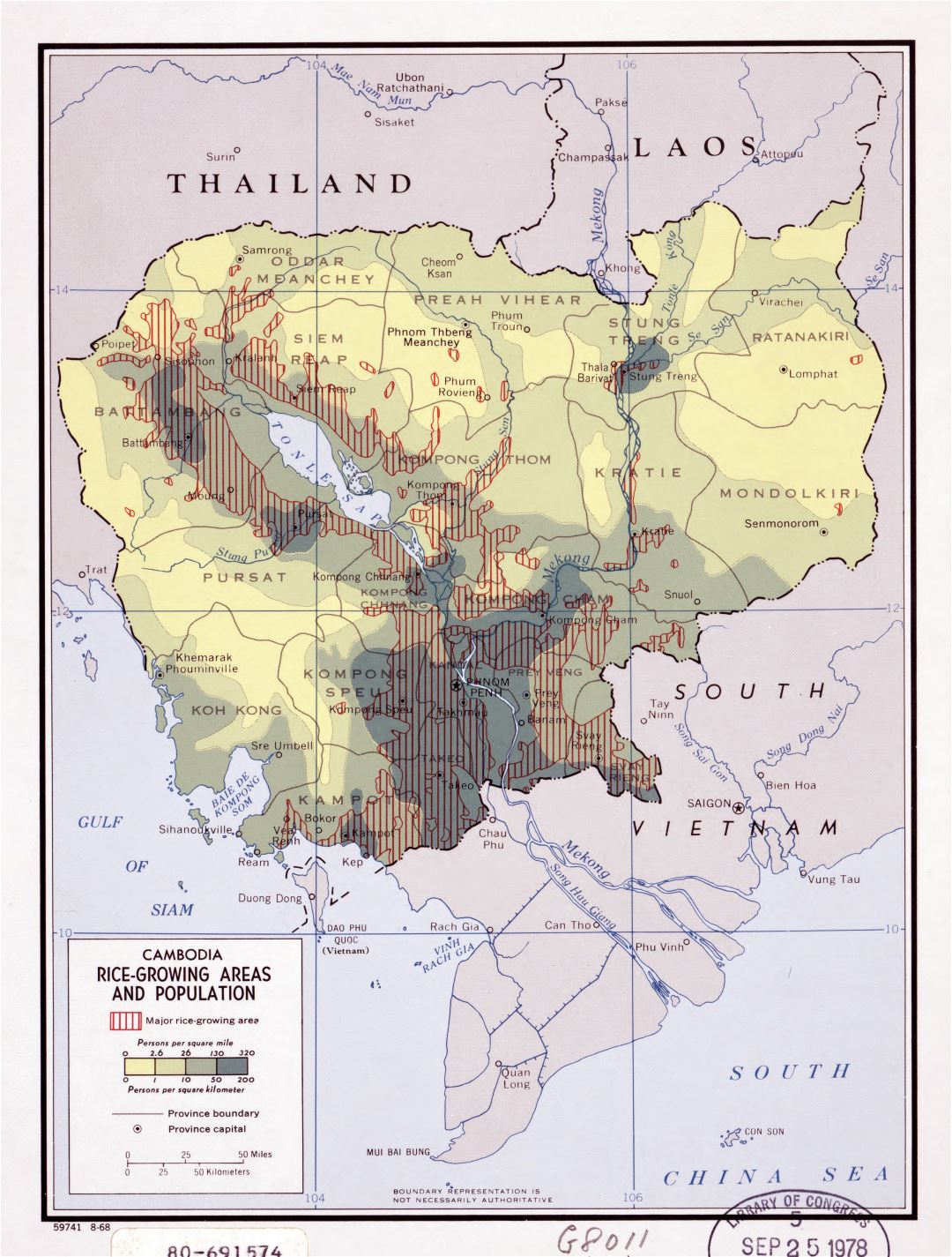 Grande detallado áreas de cultivo de arroz y de población mapa de Camboya - 1968