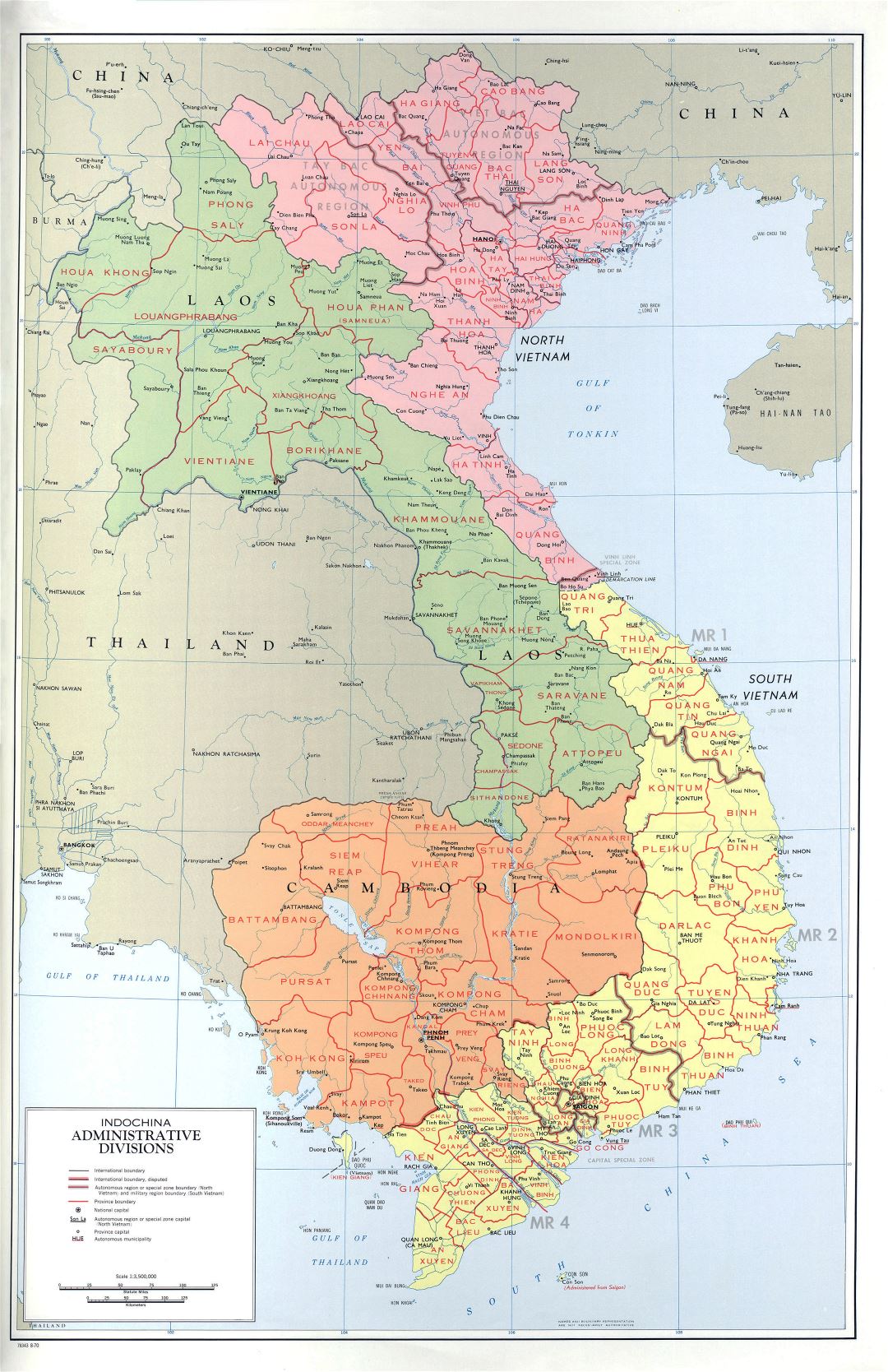 Grande detallado mapa de administrativas divisiones de Indochina - 1970