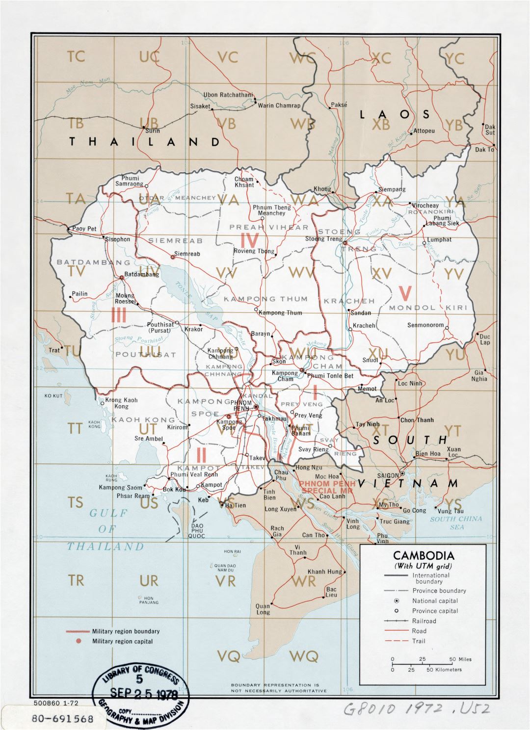 Grande detallado mapa de Camboya (con cuadrícula utm) - 1972