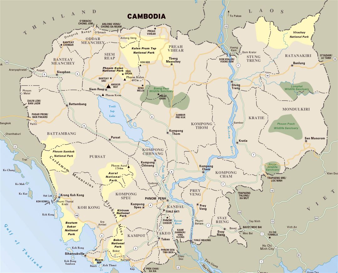 Grande detallado mapa de parques nacionales de Camboya con carreteras y principales ciudades
