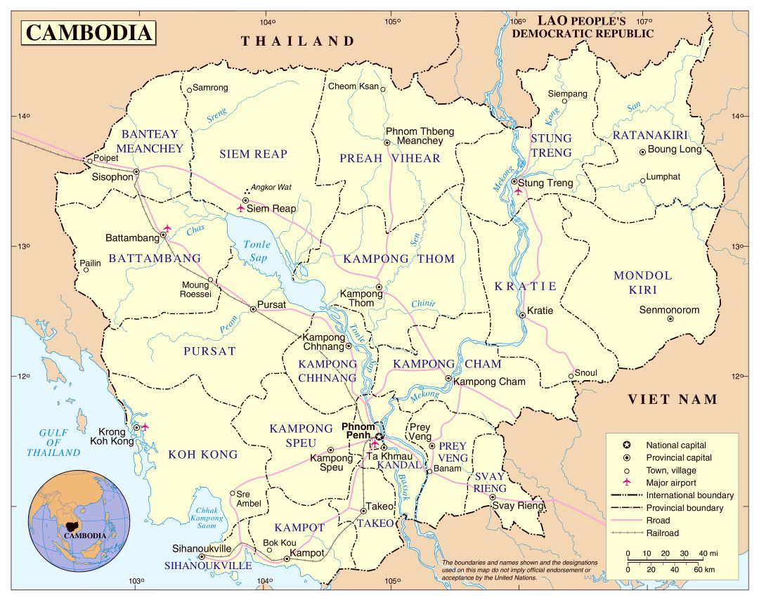 Grande detallado mapa político y administrativo de Camboya con carreteras, ferrocarriles, principales ciudades y aeropuertos