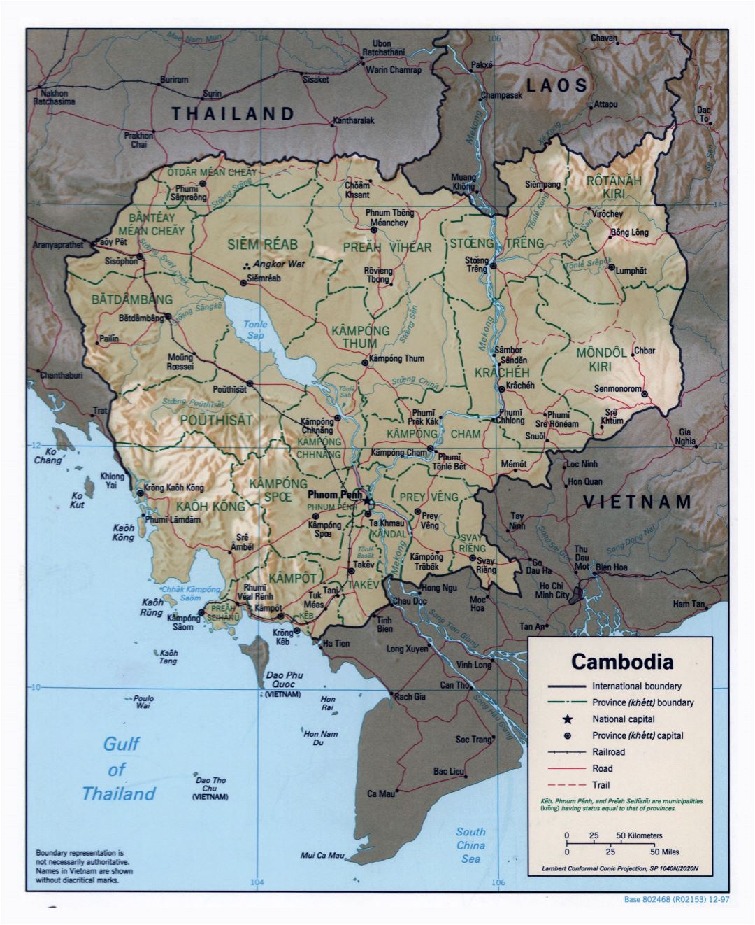 Grande detallado mapa político y administrativo de Camboya con socorro, carreteras, ferrocarriles y principales ciudades - 1997
