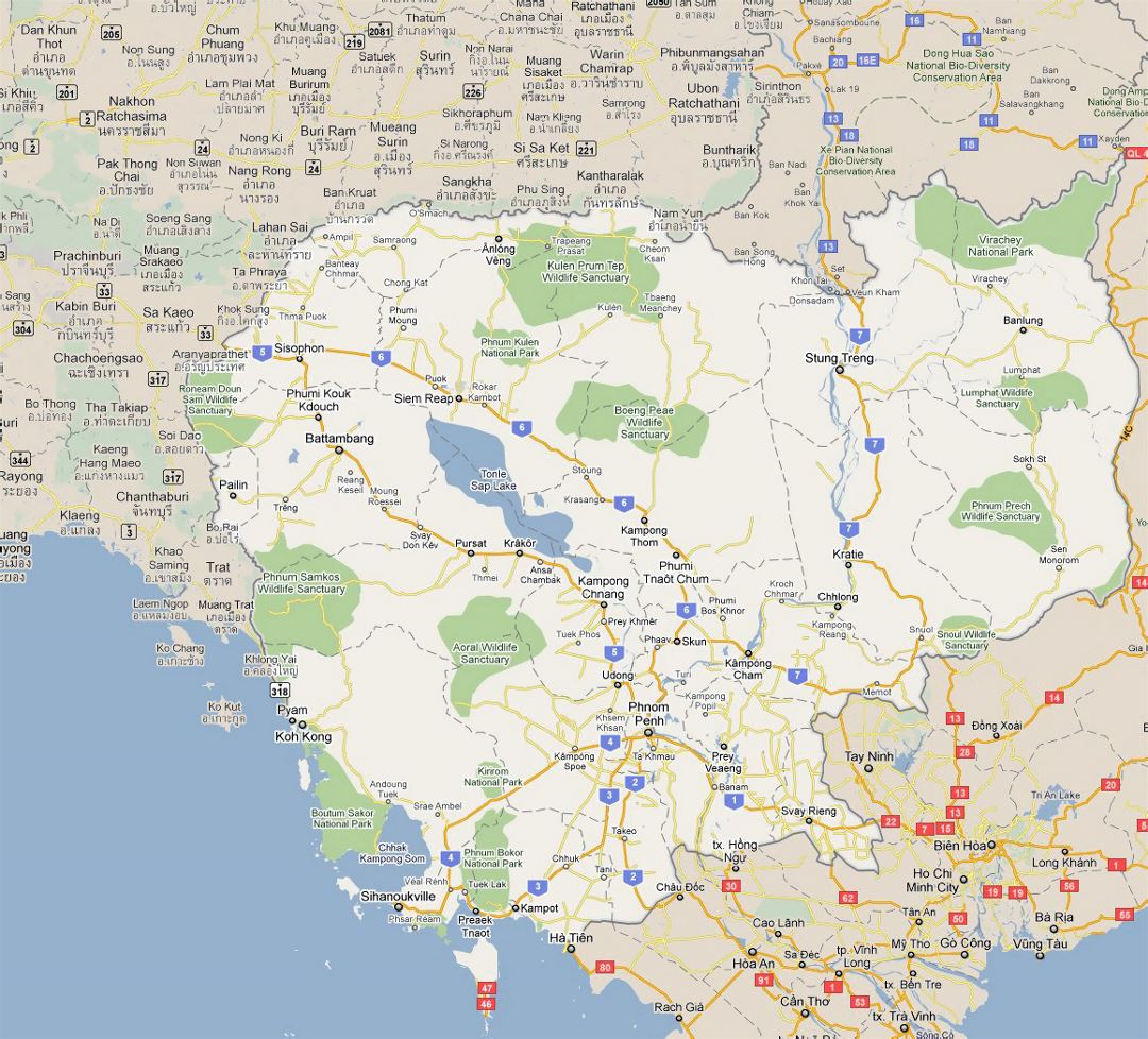 Grande mapa de carreteras de Camboya con ciudades