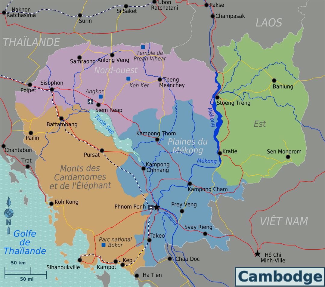 Grande mapa de regiones de Camboya