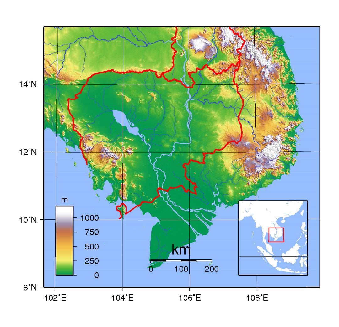 Grande mapa topográfico de Camboya