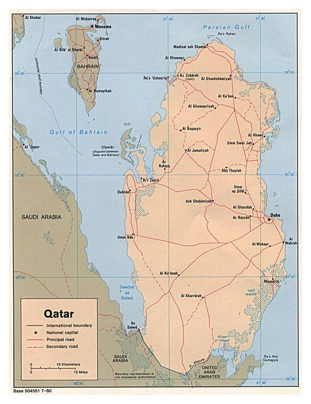 Detallado mapa político de Catar con carreteras y ciudades - 1980