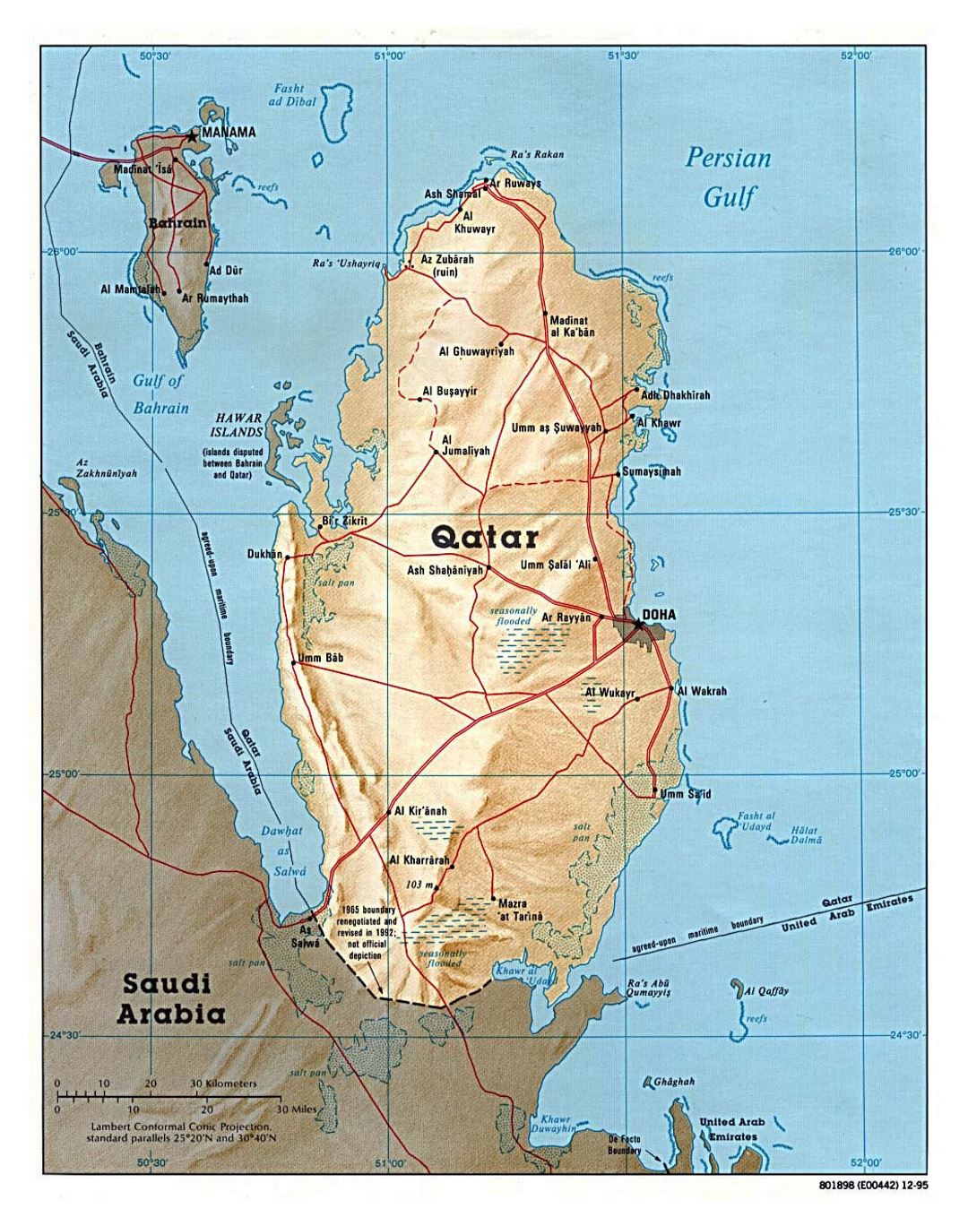 Detallado mapa político de Catar con socorro, carreteras y ciudades - 1995