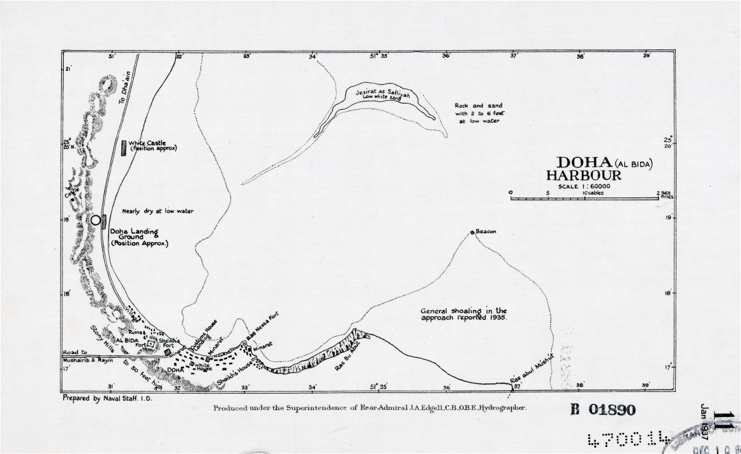 Grande detallado mapa del puerto de Doha Al Bida - 1937