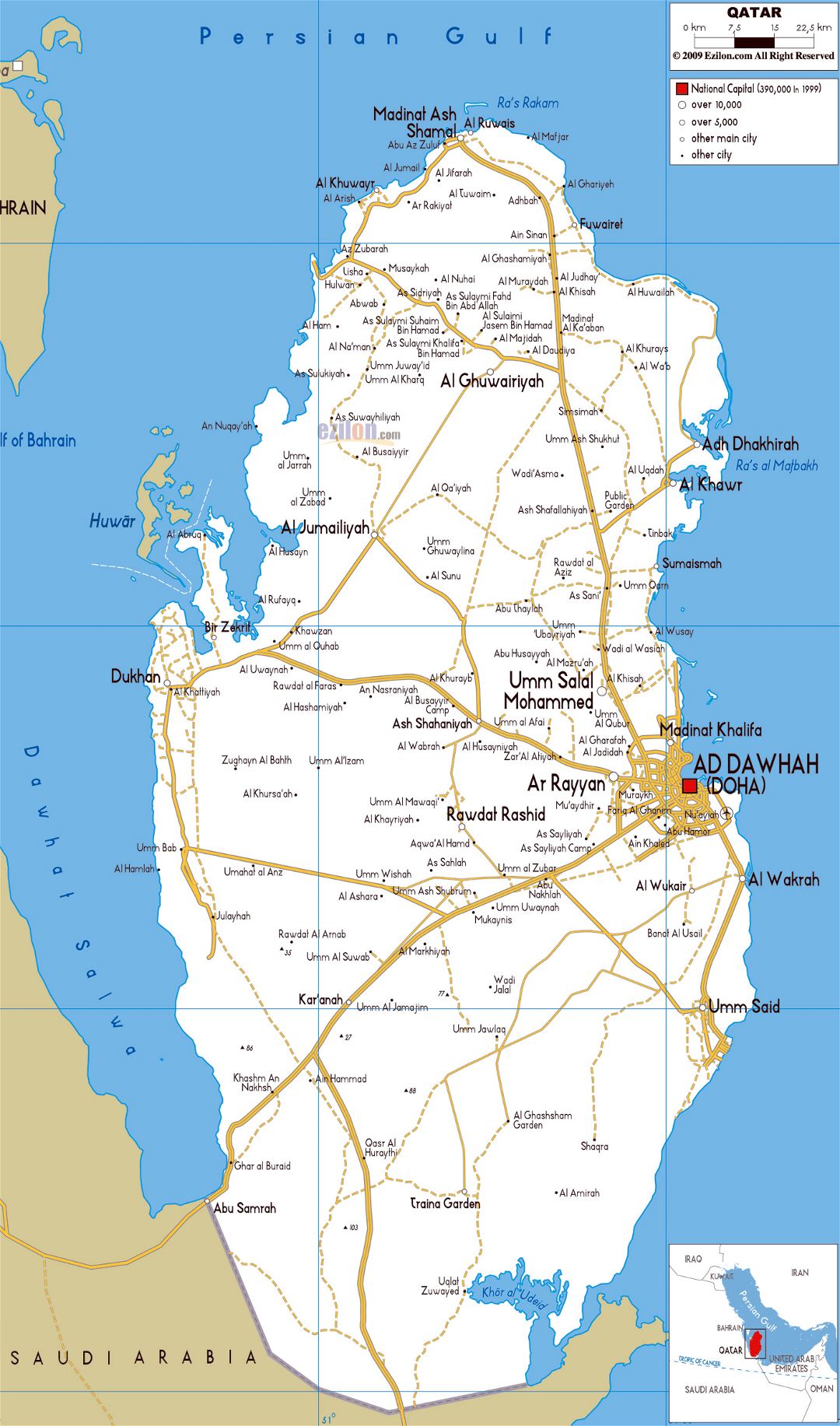 Grande mapa de carreteras de Catar con ciudades y aeropuertos