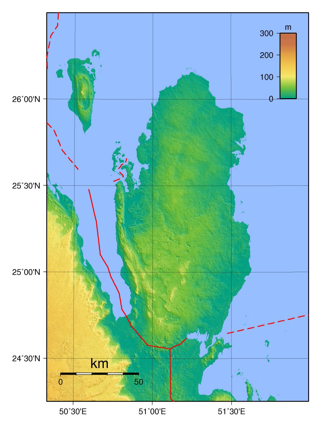 Grande mapa físico de Catar