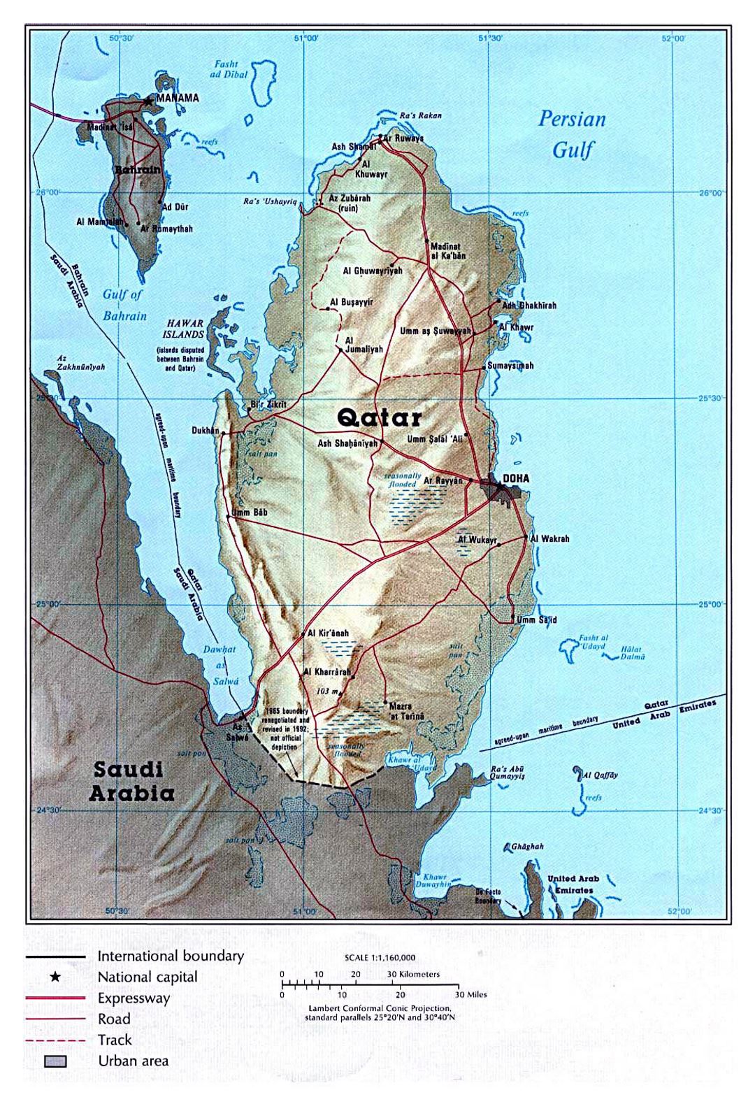 Grande mapa político de Catar con socorro, carreteras y ciudades