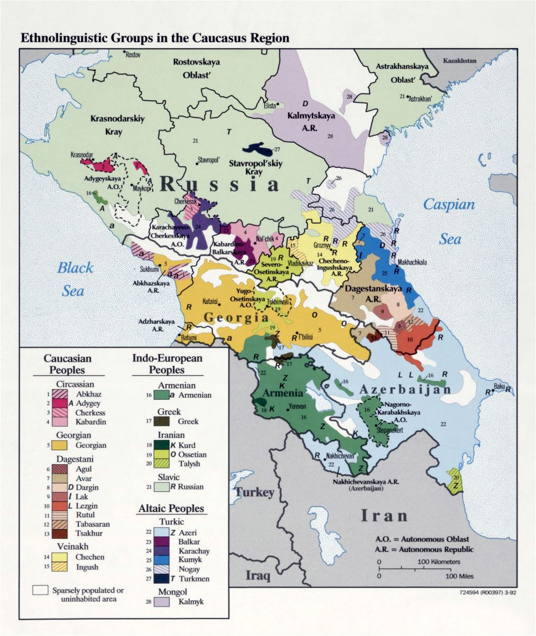 Gran mapa detallado de etnolingüísticas grupos de la región del Cáucaso - 1992