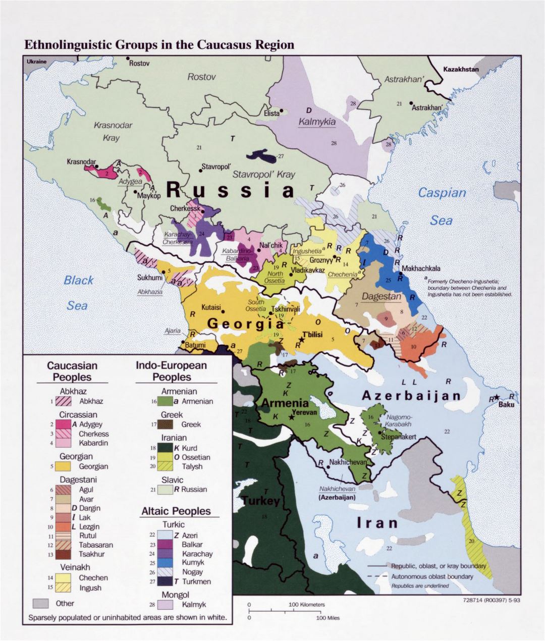 Gran mapa detallado de etnolingüísticas grupos de la región del Cáucaso - 1993