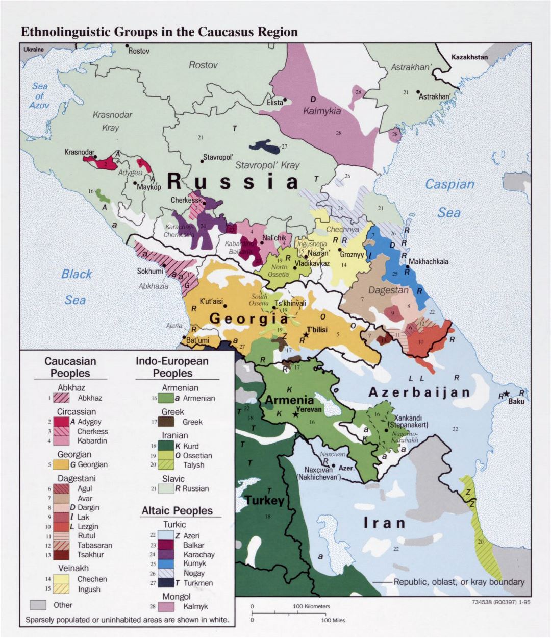 Gran mapa detallado de etnolingüísticas grupos de la región del Cáucaso - 1995