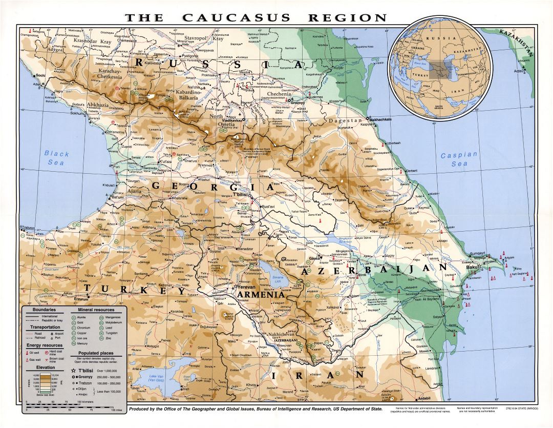 Mapa grande elevación detallado de la región del Cáucaso con otras marcas - 1994