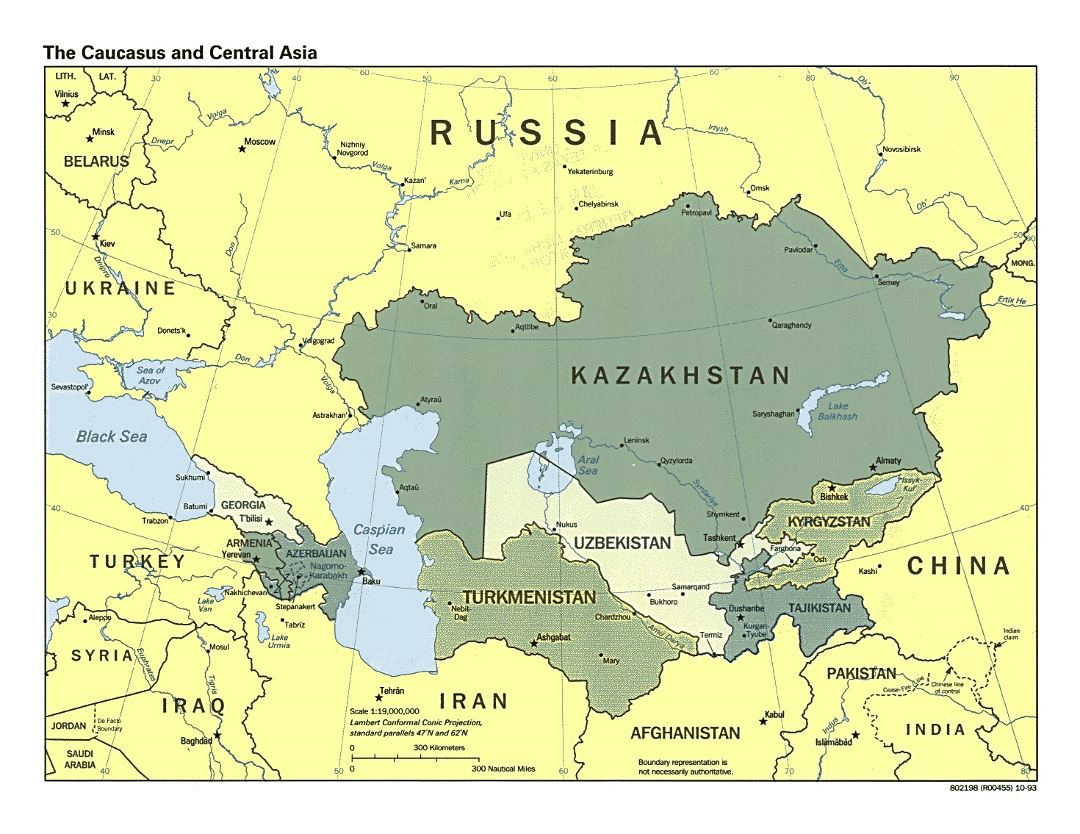 Mapa político detallada del Cáucaso y Asia Central con las capitales y principales ciudades - 1993