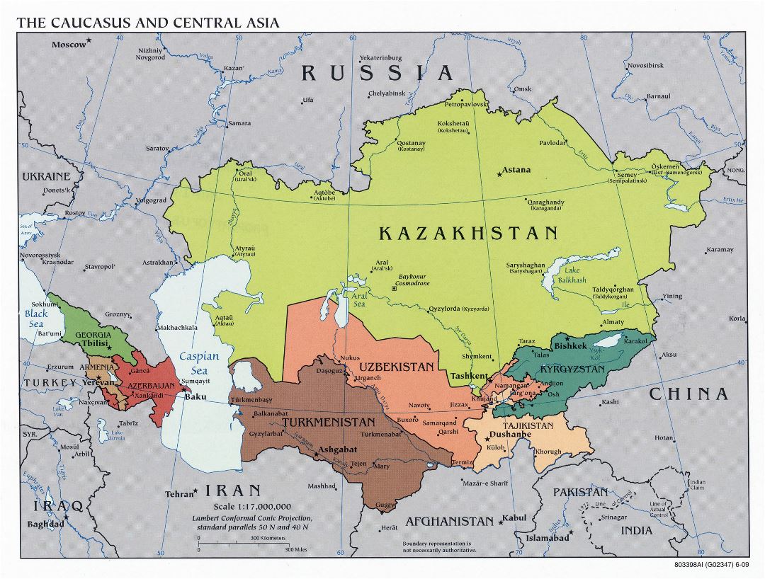 Mapa político grande del Cáucaso y Asia Central - 2009