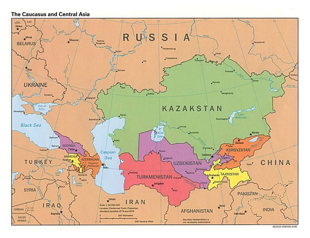 Mapa político grande del Cáucaso y Asia Central con capitales - 1995