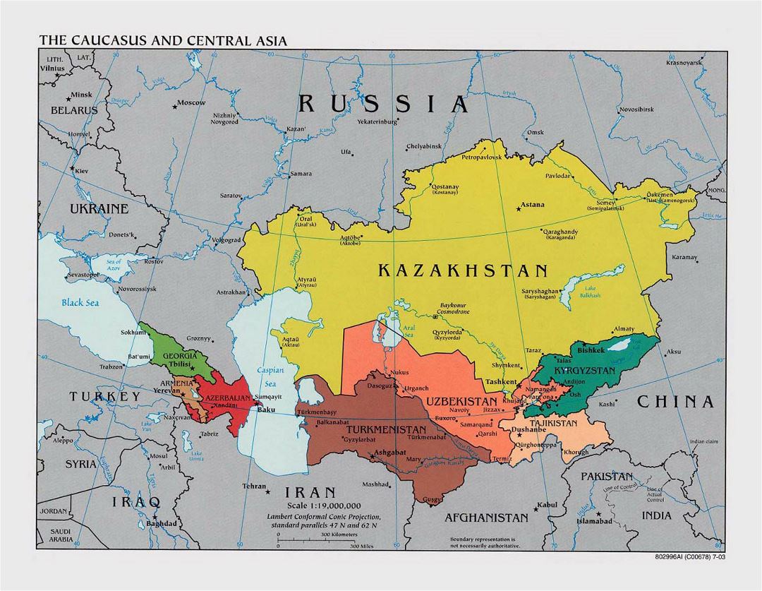 Mapa político grande del Cáucaso y Asia Central con capitales - 2003