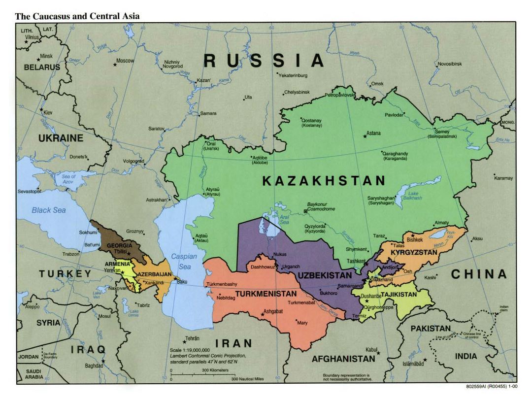 Mapa político grande del Cáucaso y Asia Central con las capitales y principales ciudades - 2000
