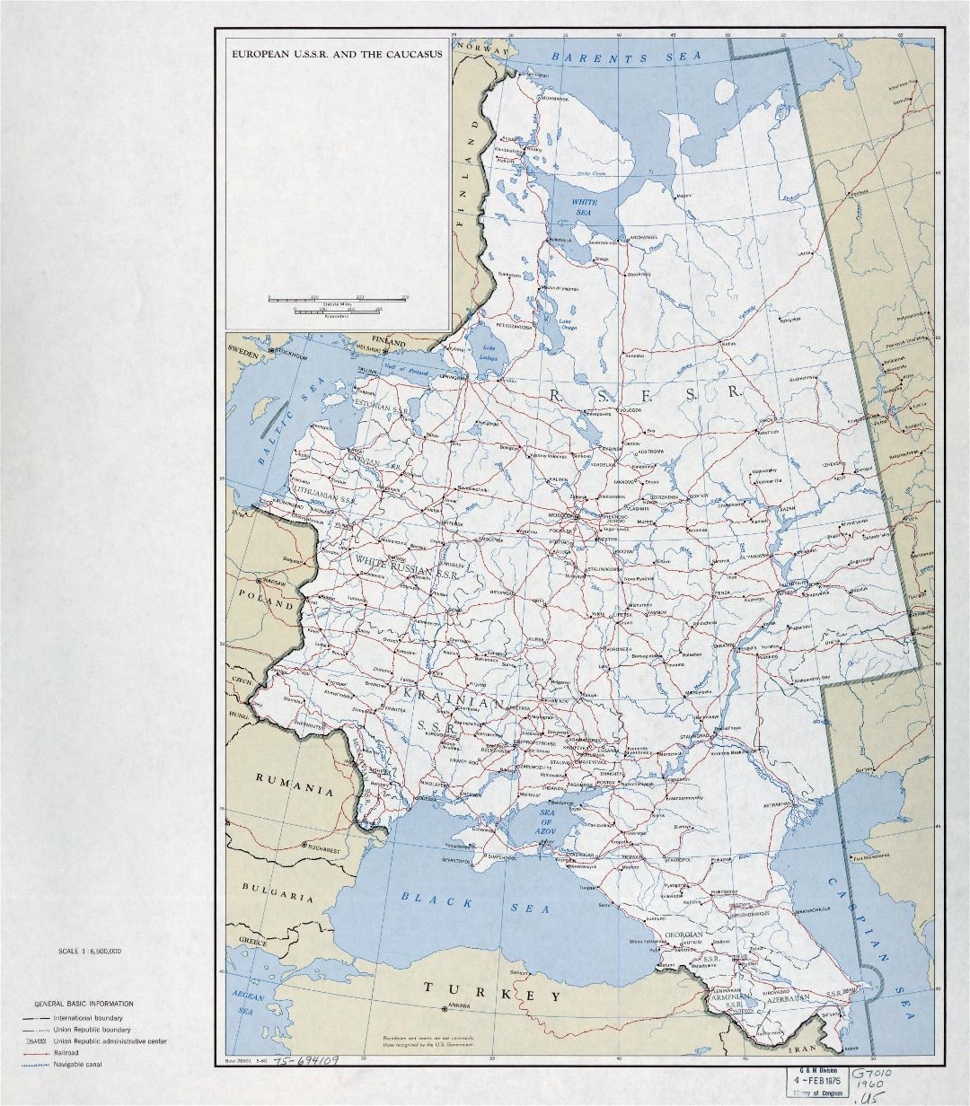 Mapa político y administrativo detallada grande de Europa U.R.S.S. y el Cáucaso con carreteras, ferrocarriles y ciudades - 1960