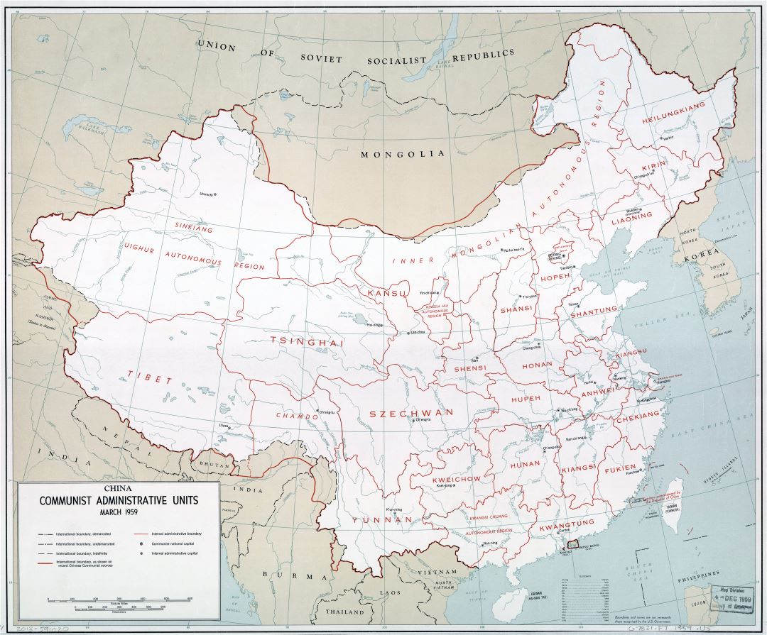 A gran escala China comunista mapa de unidades administrativas - 1959