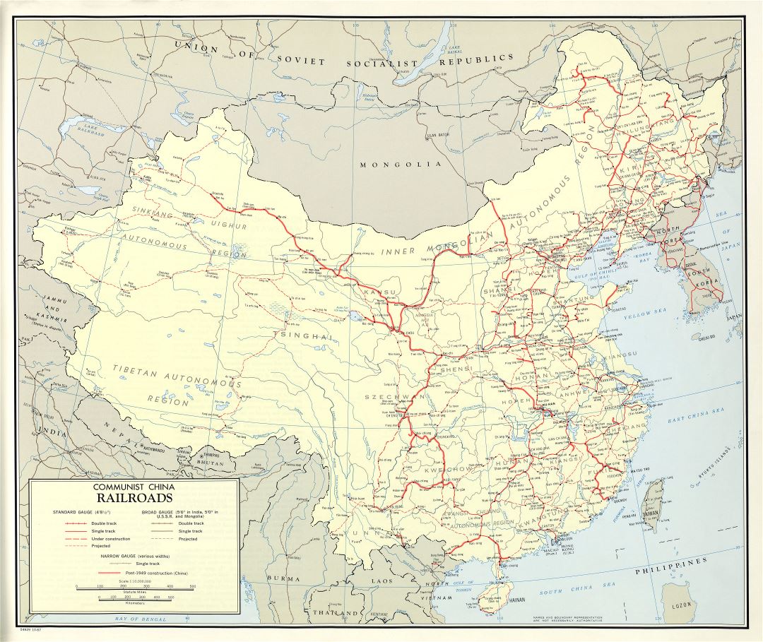 A gran escala detallado ferrocarriles mapa de China comunista - 1967