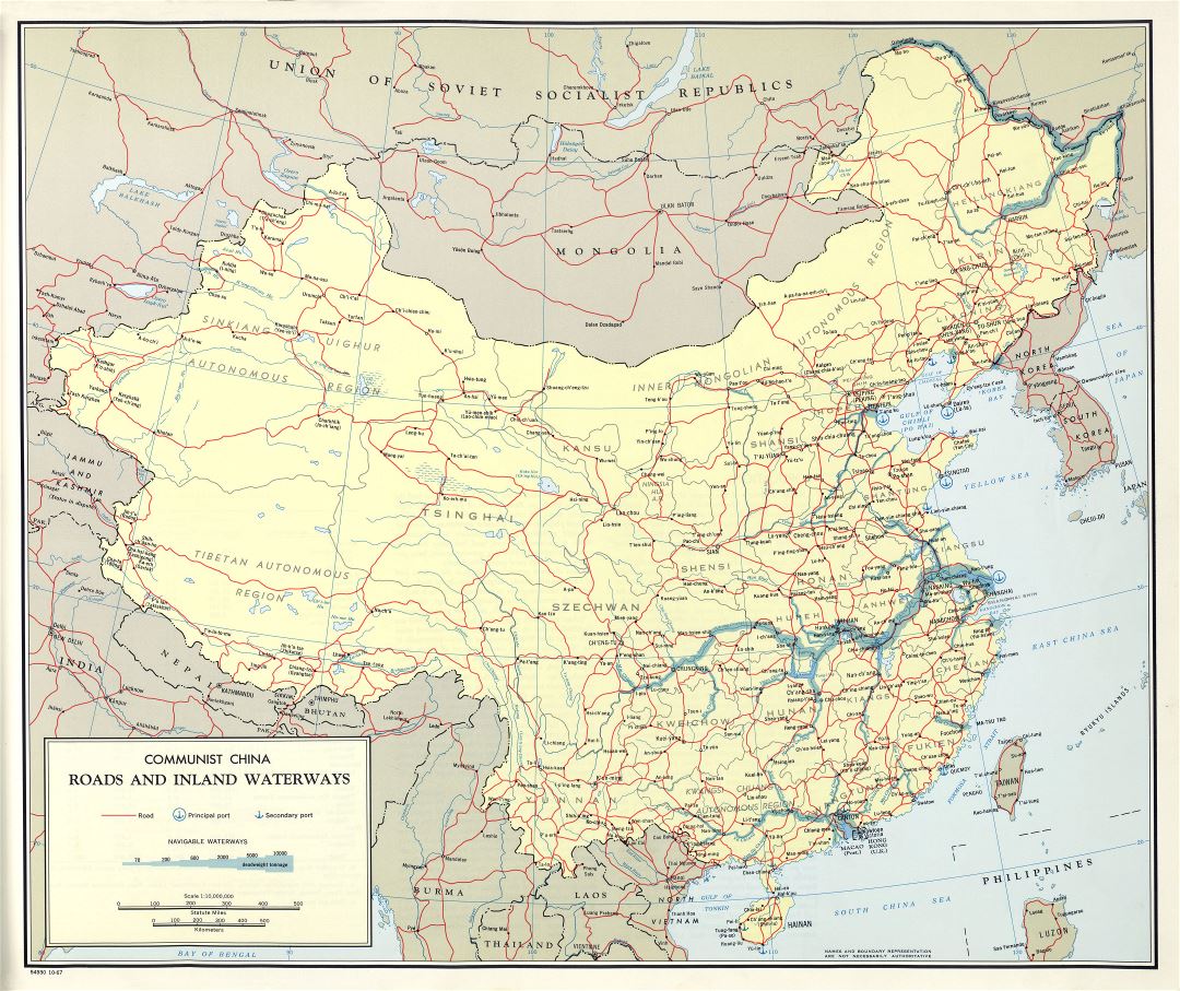 A gran escala detallado mapa de carreteras y vías navegables interiores de China comunista - 1967
