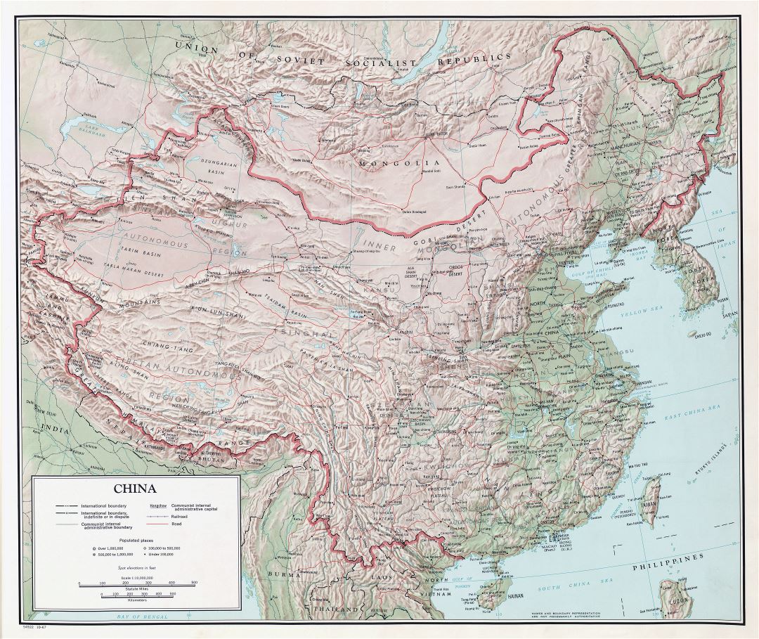 A gran escala detallado mapa político y administrativo de China con relieve, todas ciudades, carreteras y ferrocarriles - 1967