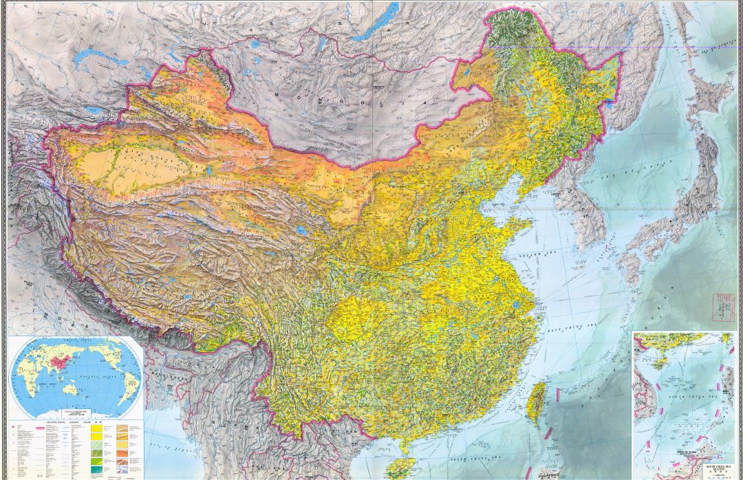 A gran escala detallado mapa topográfico de China - 1984 con todas ciudades, carreteras y otras marcas