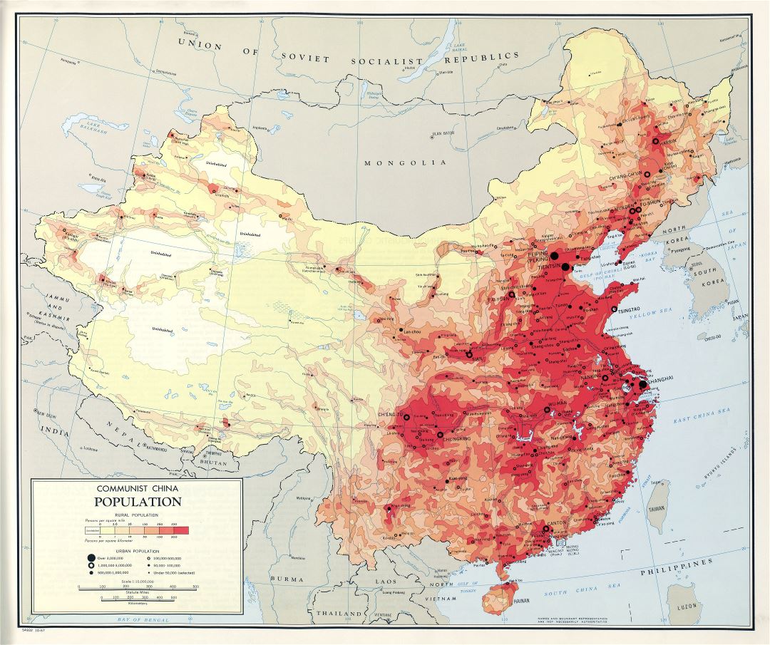 A gran escala detallado población mapa de China comunista - 1967