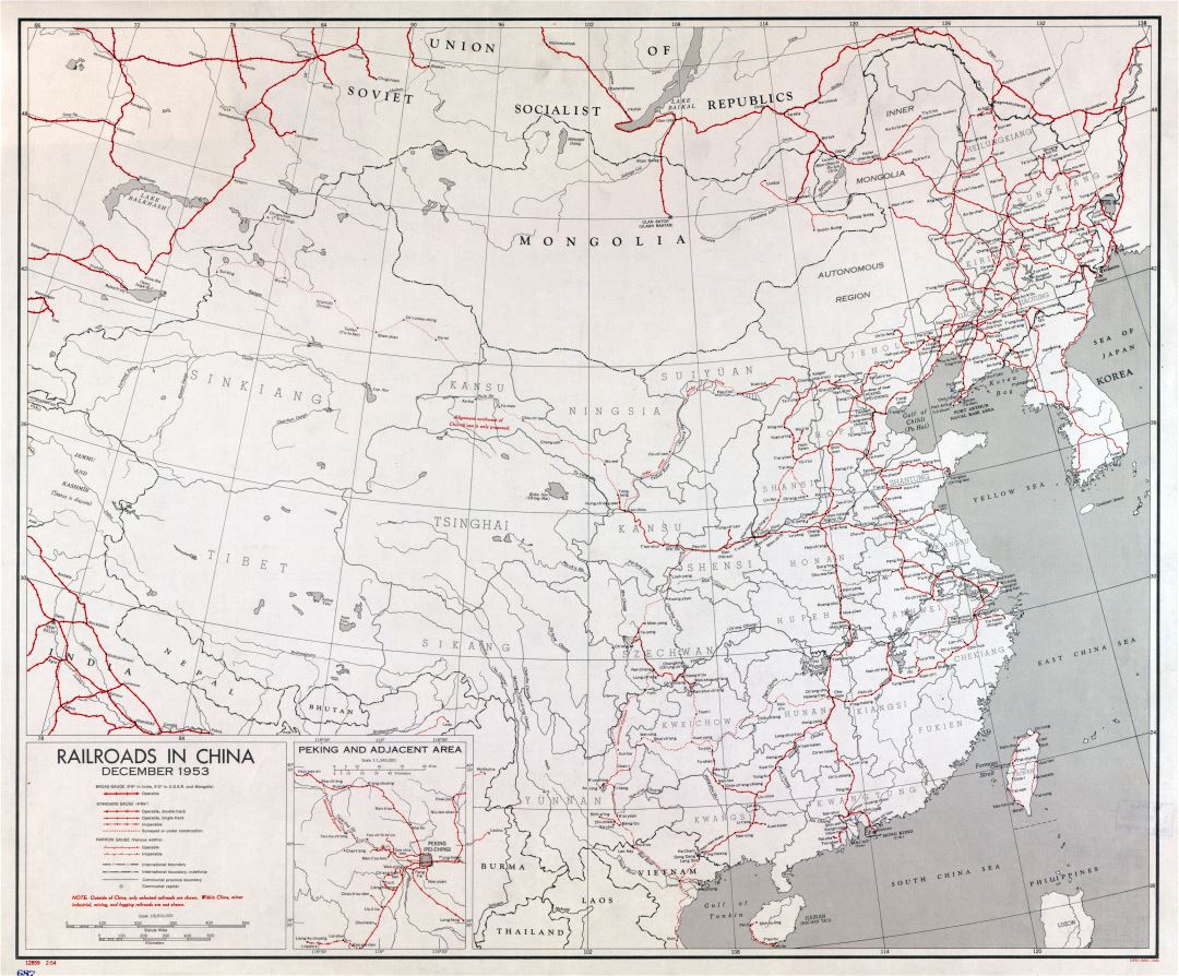 A gran escala mapa de ferrocarriles de China - 1953