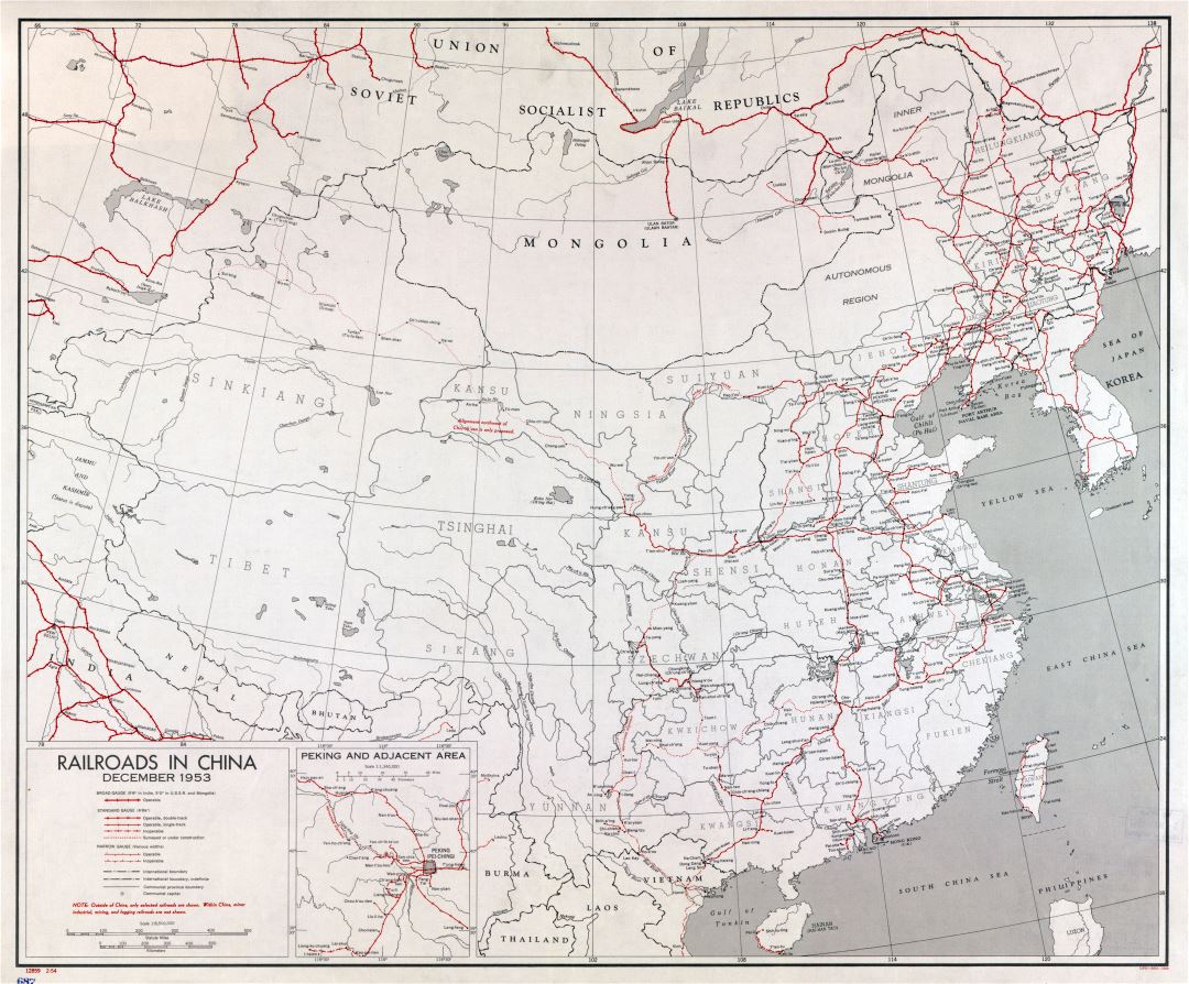 A gran escala mapa de ferrocarriles de China - 1953