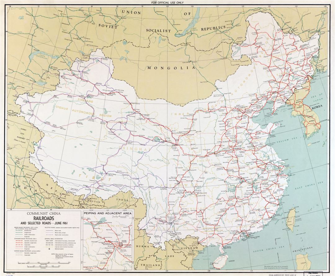 A gran escala mapa de ferrocarriles de China comunista - 1961