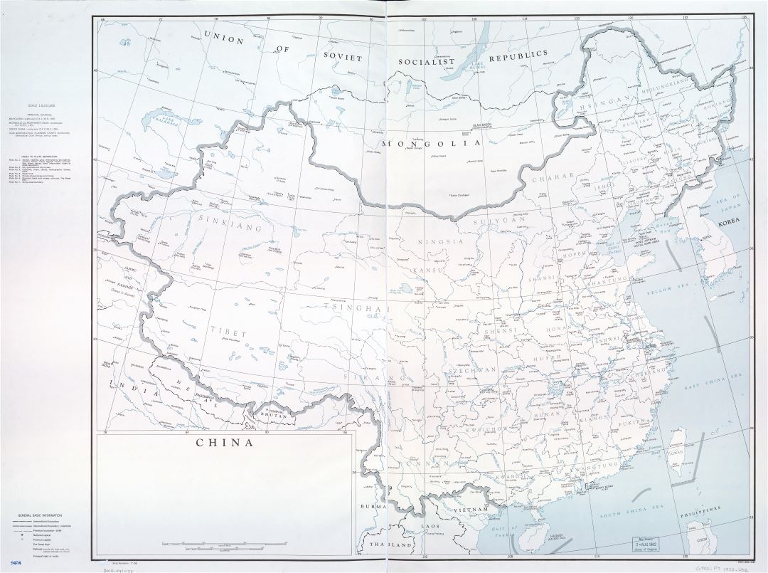 A gran escala mapa político y administrativo de China con lagos, ríos y principales ciudades - 1953
