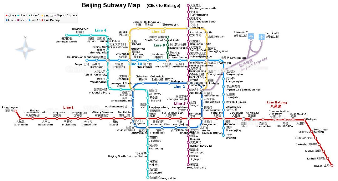 Detallado mapa del metro de ciudad de Beijing