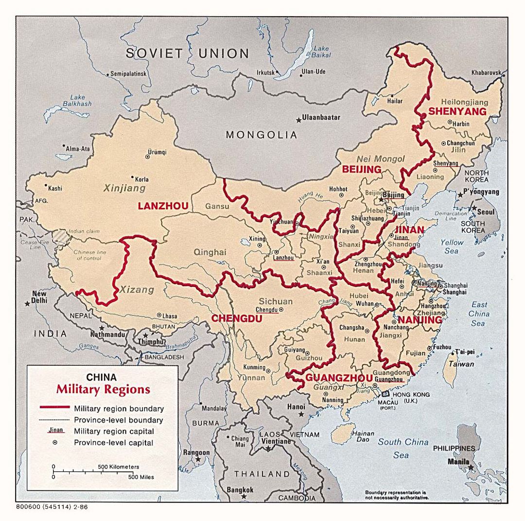 Detallado mapa de regiones militares de China - 1986