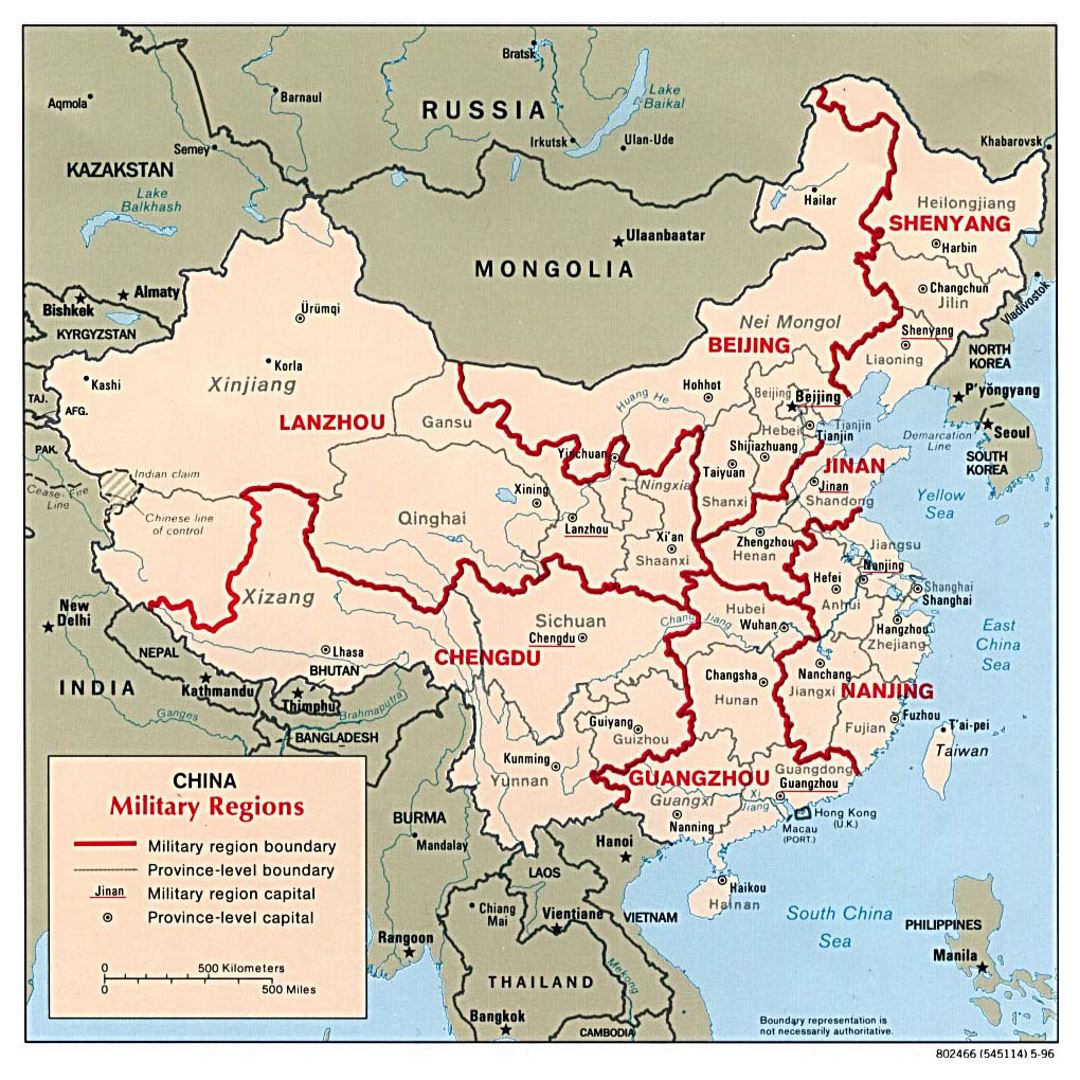 Detallado mapa de regiones militares de China - 1996