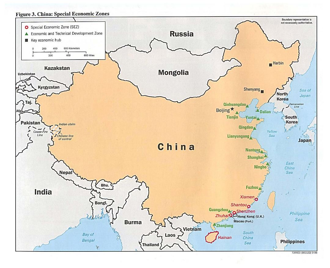 Detallado mapa de zonas económicas especiales de China - 1996