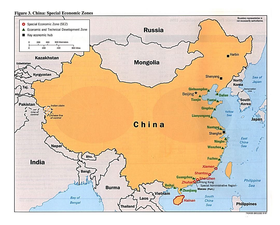 Detallado mapa de zonas económicas especiales de China - 1997